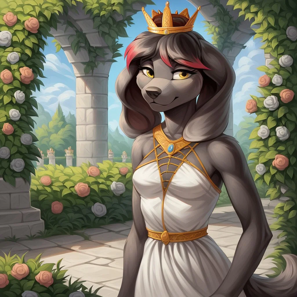 masterpiece, score_9_up, score_8_up, score_7_up, score_6_up, source_furry, (best quality:1.2), ultra-detailed, high resolution, 1dog girl, solo, Princess Molly, female, anthro, canine, slim body, (((beautiful detailed yellow eyes))), long eyelashes, black fur, short black hair, red hair tips, fluffy tail, big floppy dog ears, animal nose, small breast, royal clothes, crown, lush medieval garden, blooming flowers, ivy-covered stone walls, Molly walking along a cobblestone path, serene expression, soft sunlight filtering through trees, detailed background, sharp focus