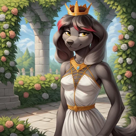 masterpiece, score_9_up, score_8_up, score_7_up, score_6_up, source_furry, (best quality:1.2), ultra-detailed, high resolution, 1dog girl, solo, Princess Molly, female, anthro, canine, slim body, (((beautiful detailed yellow eyes))), long eyelashes, black fur, short black hair, red hair tips, fluffy tail, big floppy dog ears, animal nose, small breast, royal clothes, crown, lush medieval garden, blooming flowers, ivy-covered stone walls, Molly walking along a cobblestone path, serene expression, soft sunlight filtering through trees, detailed background, sharp focus