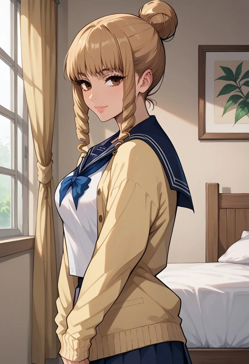 anime artwork, score_9, score_8_up, score_7_up, score_6_up, score_5_up, solo, 20 year old, perfect beautiful face, long eyelashes, (bedroom), medium breasts, wide hips, hips,,1 girl, brown hair, drill hair, hair bun, bangs, brown eyes, school uniform, yellow cardigan, open cardigan, serafuku, blue sailor collar, blue pleated skirt,, looking at the viewer, side view, smile