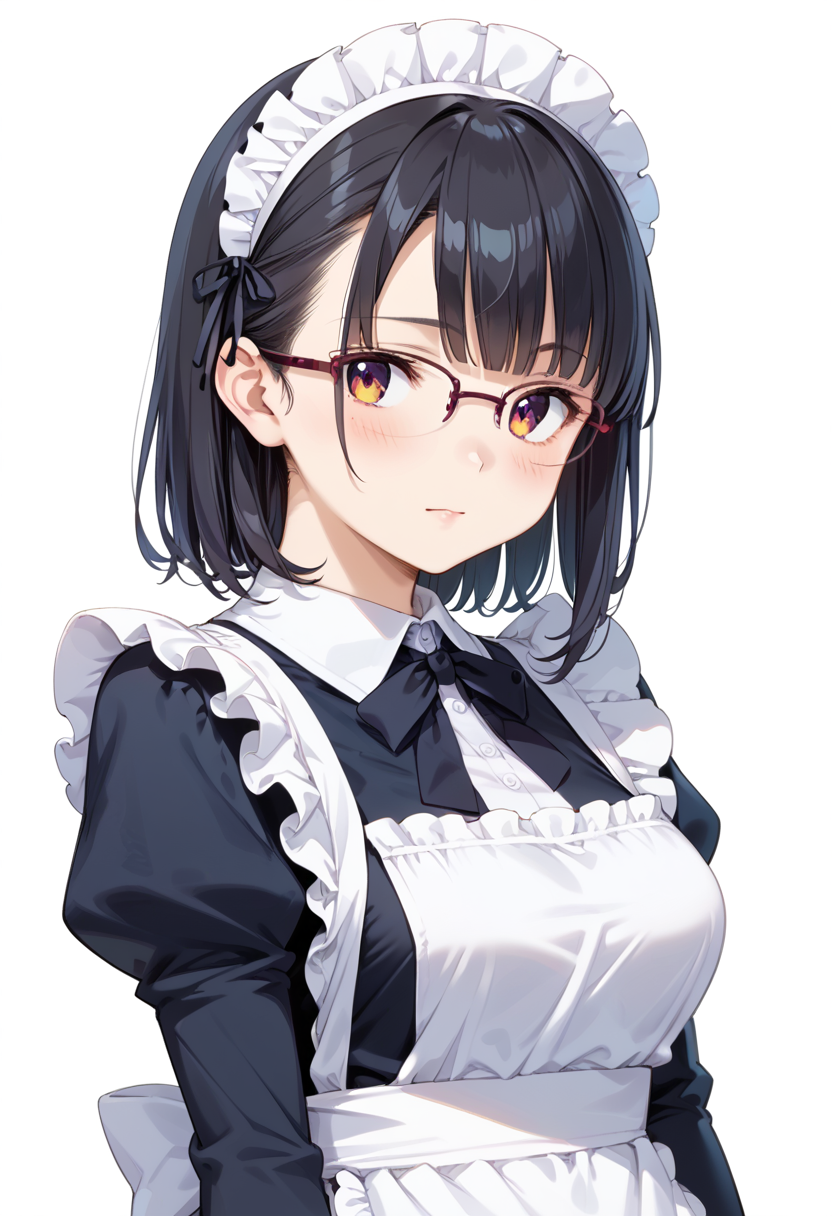 score_9, score_8_up, score_7_up, rating_safe, masterpiece, best quality, absurdres, unity 8k wallpaper, official art, official style, source_anime, uncensored, game cg, megami magazine,
1girl, solo, black hair, medium hair, upper body, covered eyes,maid, maid headdress, black dress, maid apron, face focus, 
halfrim15S, still life, white background, simple background, red-framed eyewear,
 <lora:glasses_halfrim15s_PONY_V1:1>