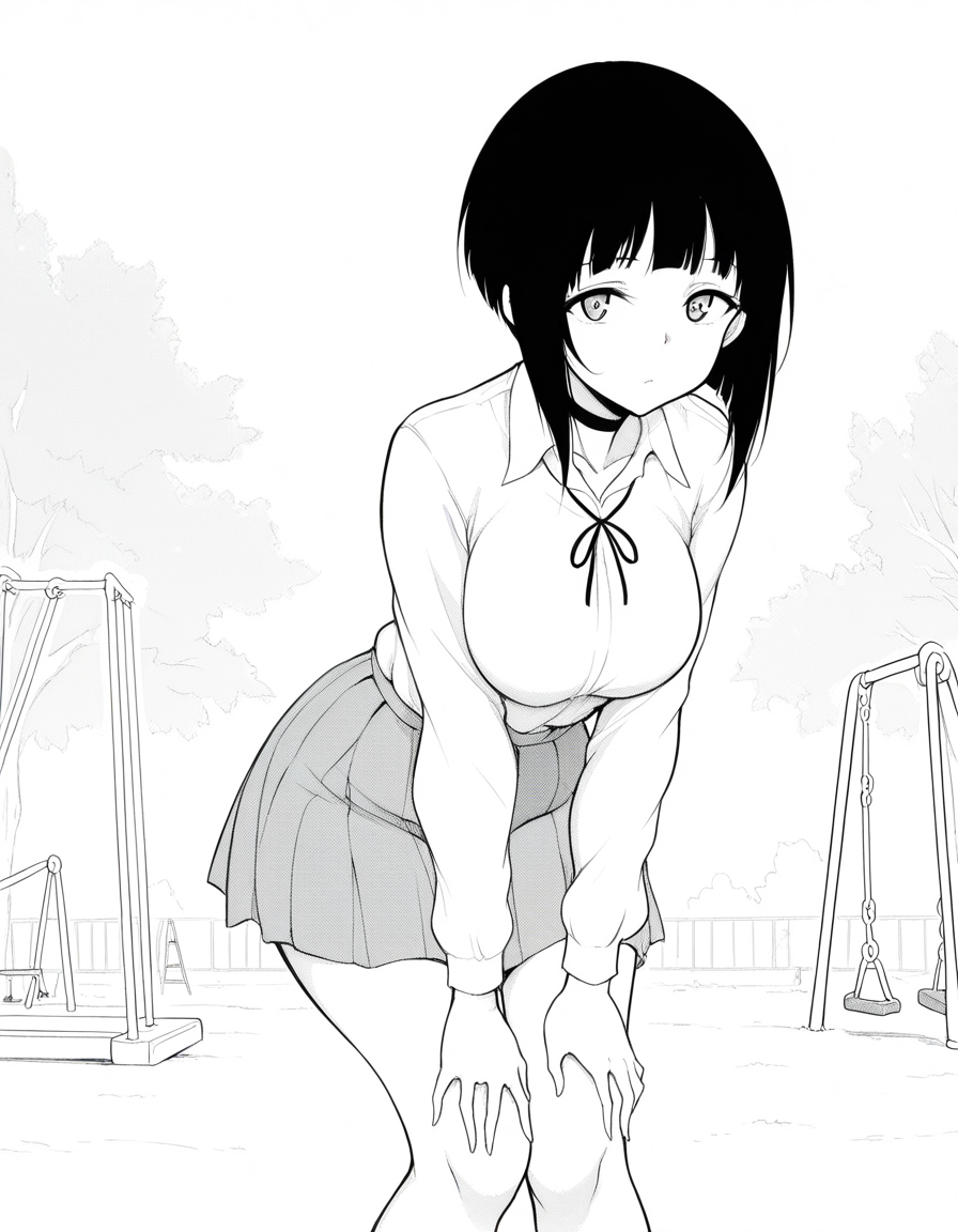 masterpiece, best quality, amazing quality,, <lora:kyockcho-miyabi-manga-illustriousxl-lora-nochekaiser:1>, miyabi, short hair, bangs, monochrome, greyscale, mature female, breasts,, skirt, shirt, long sleeves, ribbon, school uniform, pleated skirt, choker, collared shirt, neck ribbon, black choker,, hands on own knees, playground, swings, slides, outdoors, cowboy shot, solo, looking at viewer