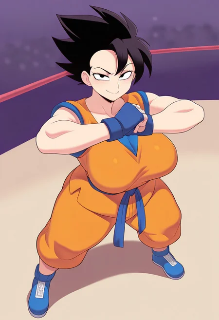 masterpiece, best quality, amazing quality, very aesthetic, absurdres, anivrec, ((solo focus:1.2)), ((1girl)), light skin, black eyes, short hair, black hair, spiked hair, blue dougi, blue footwear, orange dougi, medium breasts, perfectly round breasts, looking at viewer, confident smile, cracking knuckles, standing, ((outdoors)), ((tournament arena backdrop))