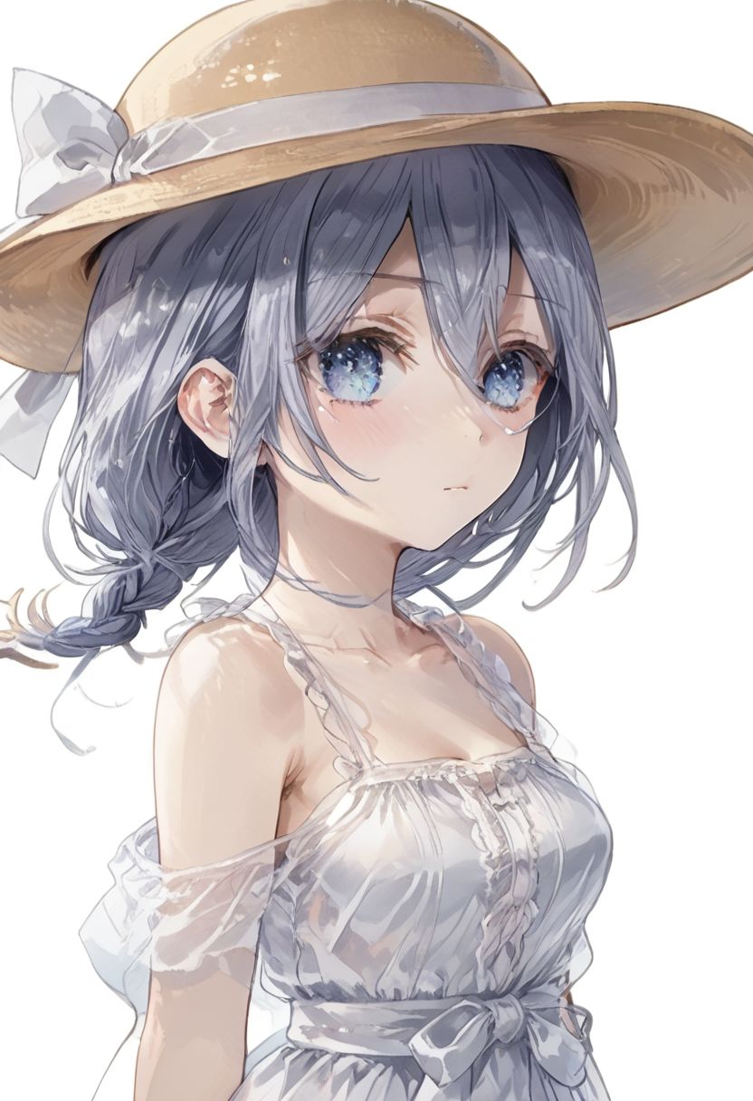 (masterpiece, best quality), (white background:1.3),takamiya mio, 1girl, solo, white dress,  detail1eye single braid,sun hat,sleeveless,white bow,(arms behind back), cowboy shot,facing viewer, beach background