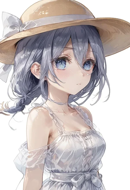 (masterpiece, best quality), (white background:1.3),takamiya mio, 1girl, solo, white dress, detail1eye single braid,sun hat,sleeveless,white bow,(arms behind back), cowboy shot,facing viewer, beach background