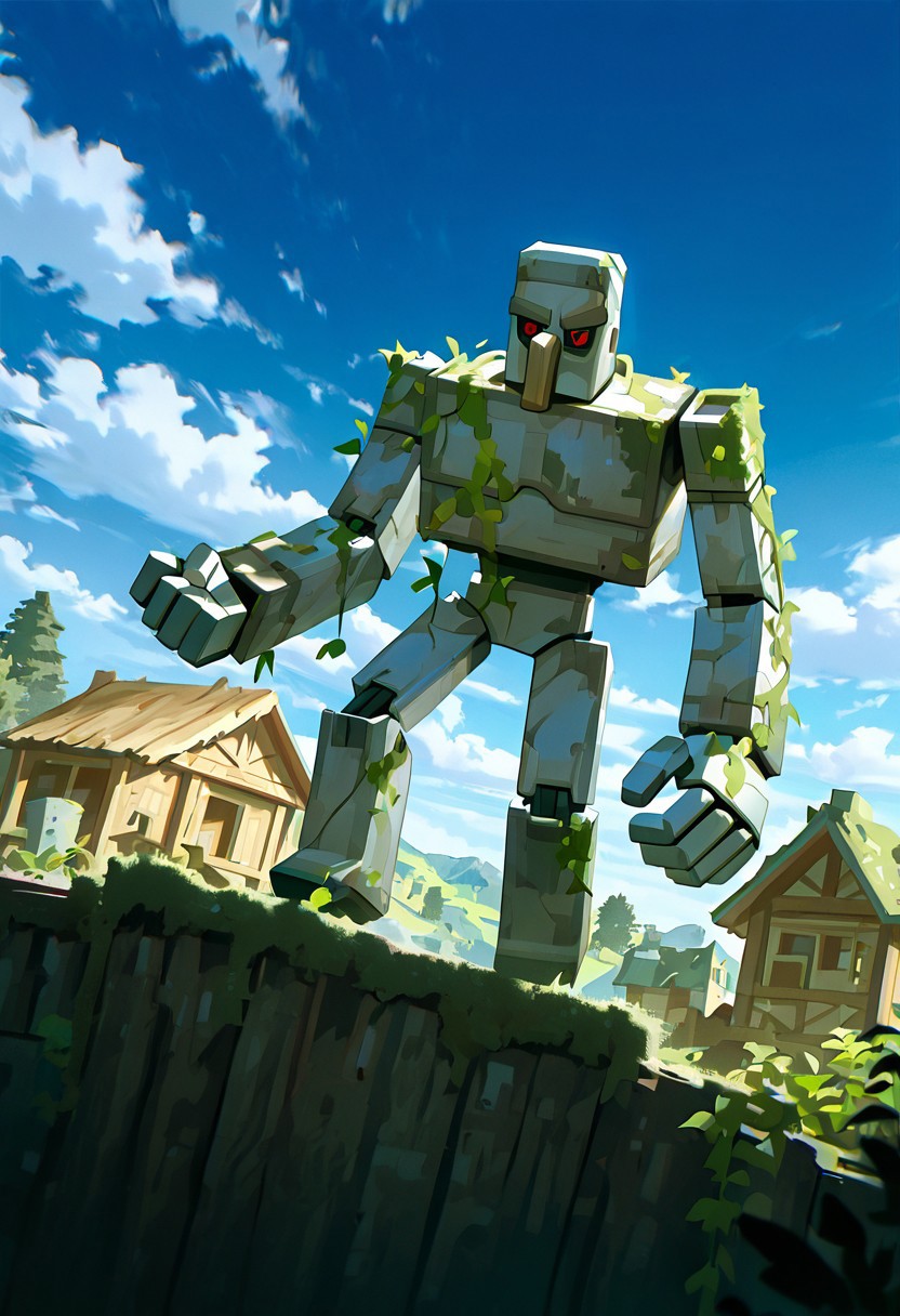 masterpiece, best quality, amazing quality, very aesthetic, absurdres, newest, cinematic, movie scene, foreground blur, volumetric lighting,  
ironglem, no humans, red eyes, black sclera, red pupils,  standing, solo, robot, big nose, long nose, no mouth, plant, grey metal body, vines, mecha, moss, ,  thick gray monobrow, 
attacking, dynamic pose, dynamic angle, destroyed village, wooden village, outdoors, daytime, blue sky, clouds, fighting stance,