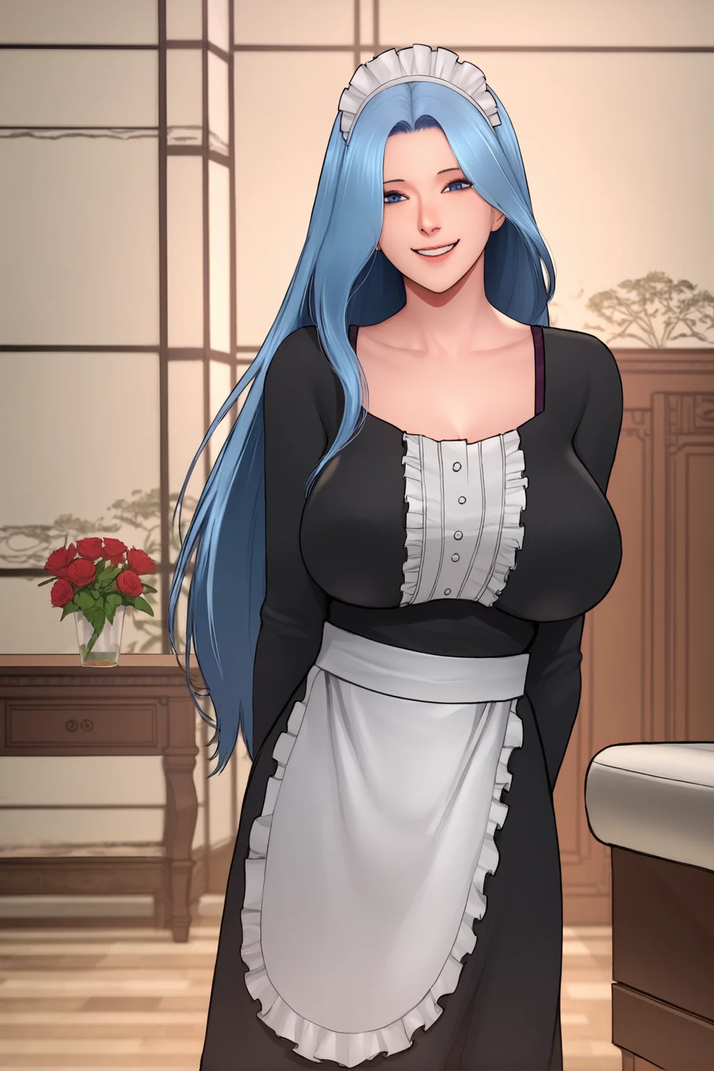 score_9,
<lora:scarlett_ann_v1_unpruned:1>,
maid, dress, long hair, light blue hair, large breasts, smile, looking at viewer, portrait, arms behind back, long sleeves,
dark blue eyes,
indoors,
rating_safe,
high resolution, Masterpiece