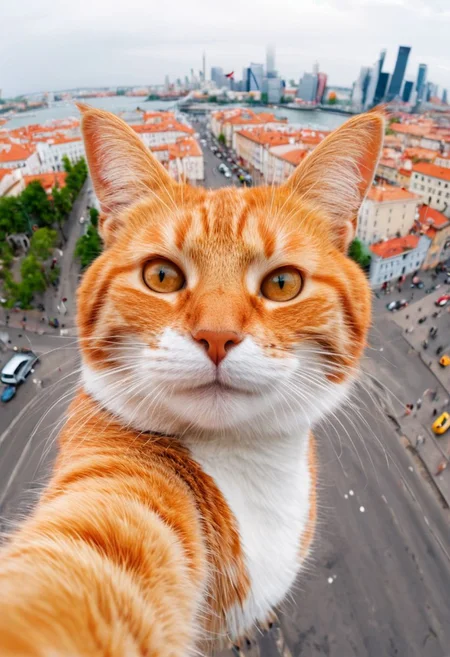 pretty funny cat,take a selfie,looking to camera,kind face,very realistic,city on background,(fluffy:0.2) (ginger:0.2)