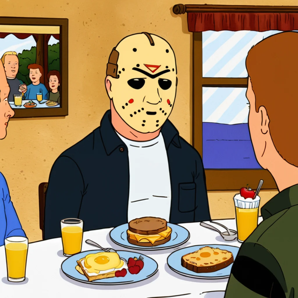 cartoon of Jason Voorhees (Friday the 13th) having brunch
(in kingofthehill style:1.5)
<lora:xl_more_art-full_v1:0.5> <lora:add-detail-xl:0.45> <lora:kingofthehillstyleXL_v.10.1:0.8>