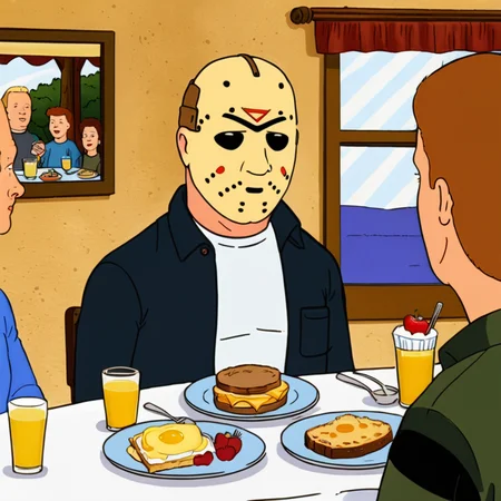 cartoon of Jason Voorhees (Friday the 13th) having brunch
(in kingofthehill style:1.5)
<lora:xl_more_art-full_v1:0.5> <lora:add-detail-xl:0.45> <lora:kingofthehillstyleXL_v.10.1:0.8>