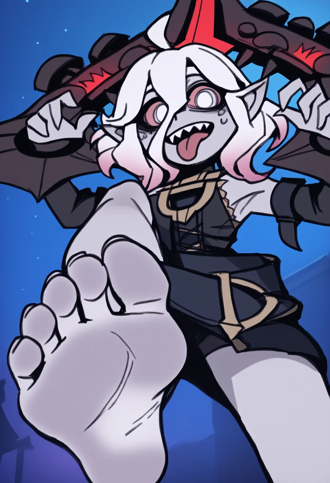 score_9, score_8_up, BREAK,
1girl, briar, white eyes, colored sclera, white hair, gradient hair, short hair, hair between eyes, ahoge, pointy ears, sharp teeth, grey skin,
tongue out, open mouth, horny, bare shoulders, detached sleeves,
footstomp, barefoot, feet, foot focus, soles, toes, foreshortening, view from below,
looking at viewer, outdoors, night sky, night, <lora:BriarXL:1> <lora:VanripArtXLLocon:1> <lora:StompXL:1>