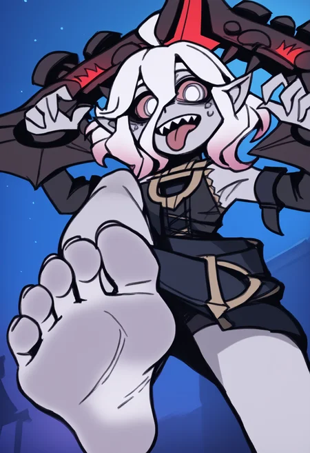 score_9, score_8_up, BREAK,
1girl, briar, white eyes, colored sclera, white hair, gradient hair, short hair, hair between eyes, ahoge, pointy ears, sharp teeth, grey skin,
tongue out, open mouth, horny, bare shoulders, detached sleeves,
footstomp, barefoot, feet, foot focus, soles, toes, foreshortening, view from below,
looking at viewer, outdoors, night sky, night, <lora:BriarXL:1> <lora:VanripArtXLLocon:1> <lora:StompXL:1>