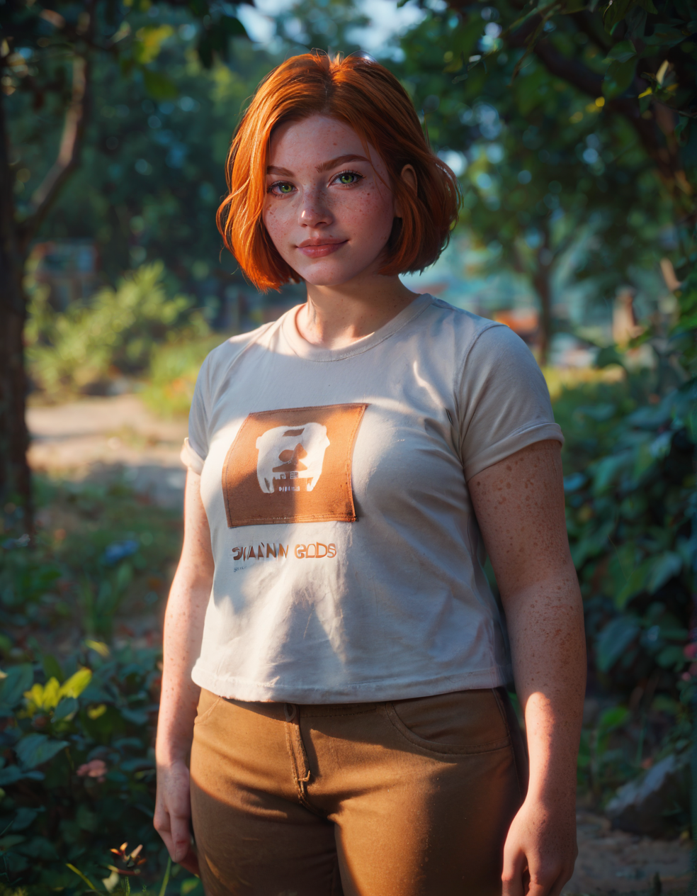 score_9, score_8_up, score_7_up, <lora:swann_v1-000015:0.7>, swann, 1girl, orange hair, short hair, green eyes, freckles, body freckles, plump, t-shirt, brown pants, standing, arms at sides, facing viewer, looking at viewer, outside, depth of field, cinematic lighting, <lora:StS_PonyXL_Detail_Slider_v1.4_iteration_3:3>