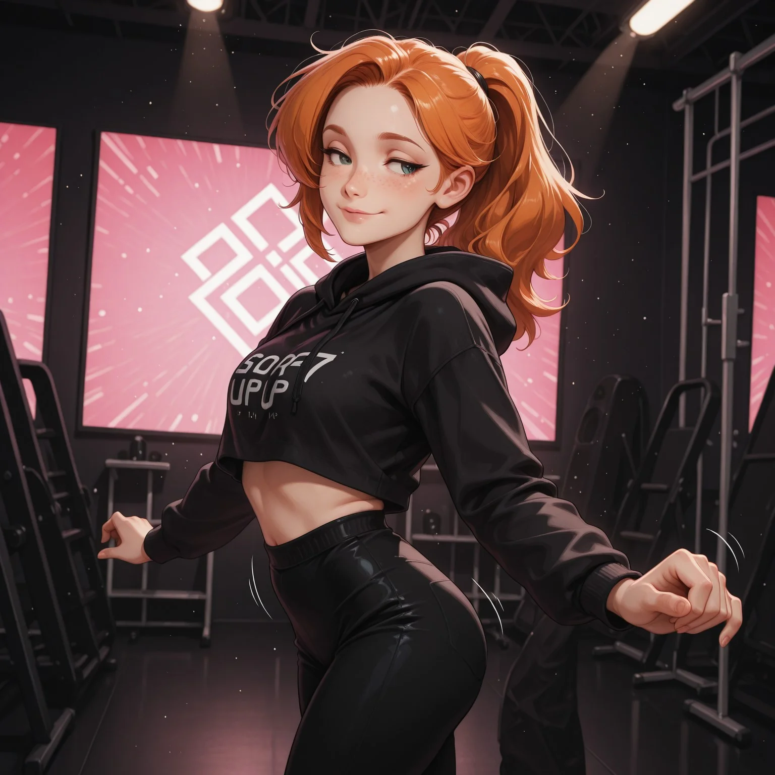 score_9, score_8_up, score_7_up, score_6_up, score_5_up, score_4_up, masterpiece, best quality, absurdres, 4k, 8k, intricate details, Chiaroscuro Lighting, cute, sexy,1girl, ginger, freckles, detailed eyes, HDeyes, perfecteyes, eyesHD, sexy eyes, bedroom eyes, expressiveH, smirk, foreshortening, side view, zicovergirl, standing, front view, looking at side, thoughtful look, pale white skin, hood, dancing, motion lines, twerk, indoors, dance studio, backlighting, neon black abstract background, light particles, glowing, dynamic pose, lazypos <lora:Zikickix_Cover_Girl:1>