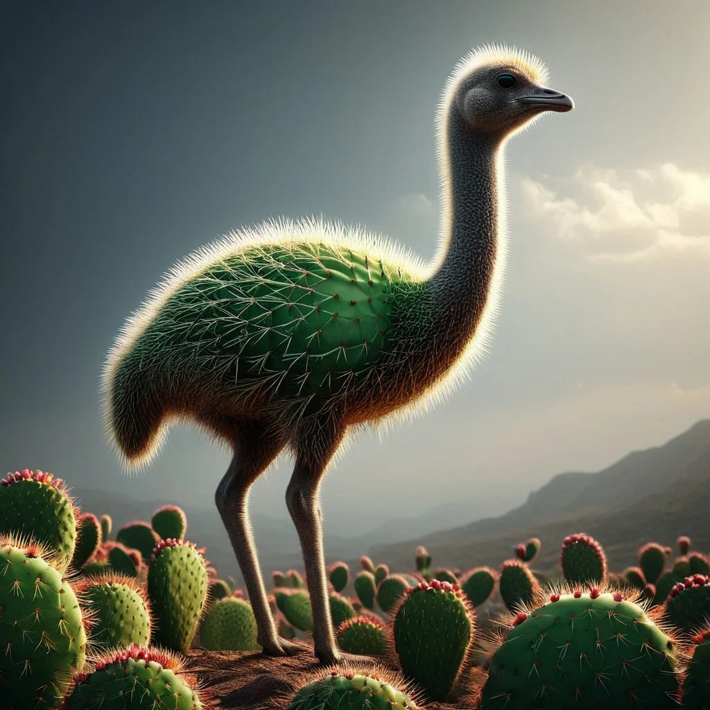 4k, high detail, high quality, realistic, ostrich made with prickly pear, Prickly Pear Style, full body, dramatic lighting, volume light