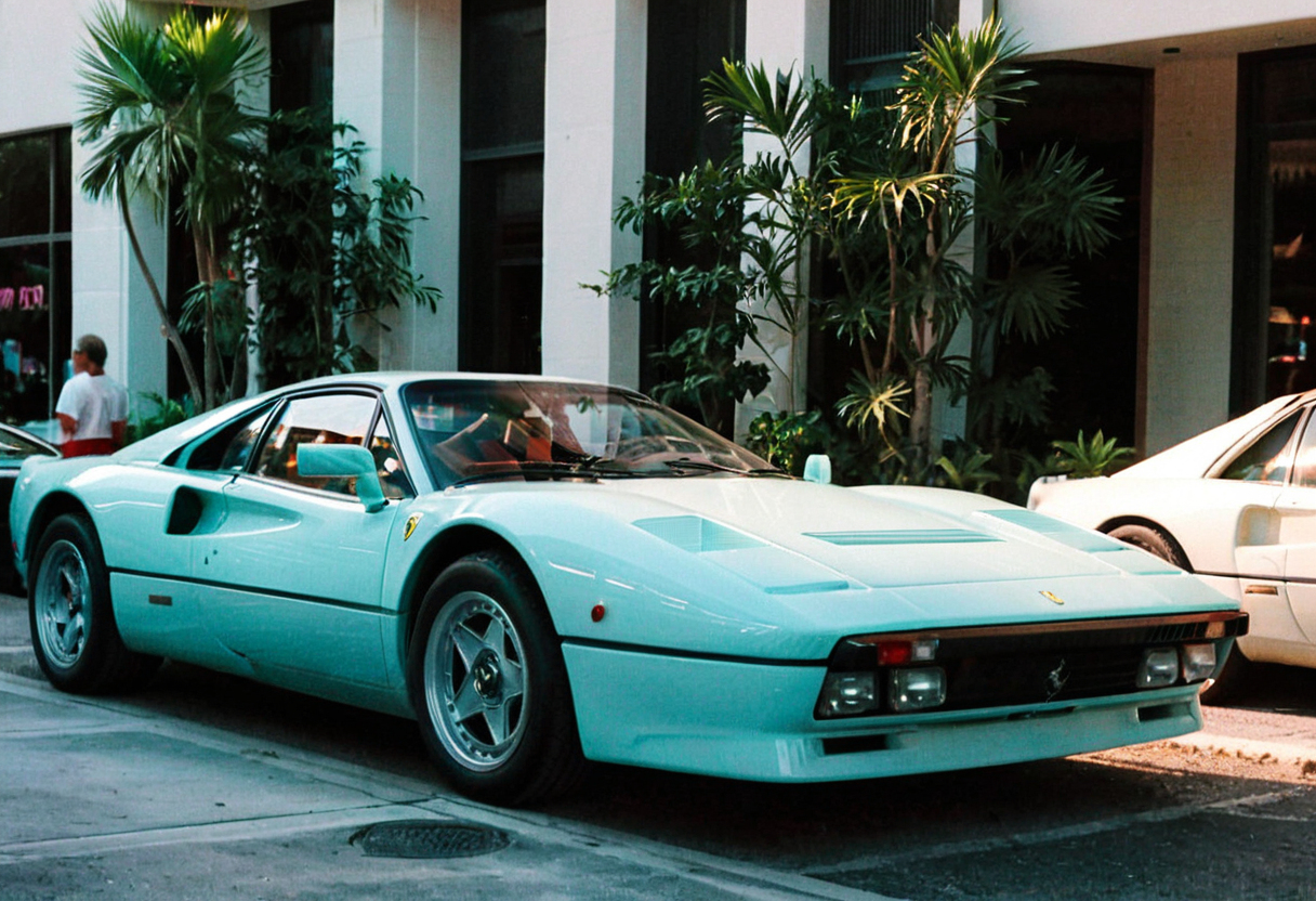 ClassicSportsCar MiamiVice, gleaming pastel Ferrari 288, 4K, highly detailed, (((stylish grainy analog 35mm film photo)))