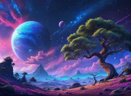 masterpiece,8k,high resolution,
<lora:space_backround-XL-7:0.6>,
space_backround,
scenery, cloud, sky, tree, star (sky),no human,blue and purple theme,strong colors,alien planet,on planet