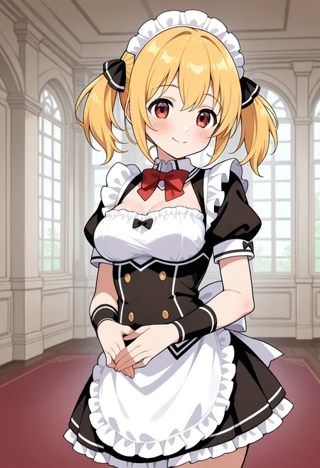1girl, solo, lorelumilanru, blonde hair, short twintails, hair ribbon, red eyes, black dress, short dress, apron, headdress, wristbands, maid outfit, medium breasts, indoors, mansion, smile, blush, hands together