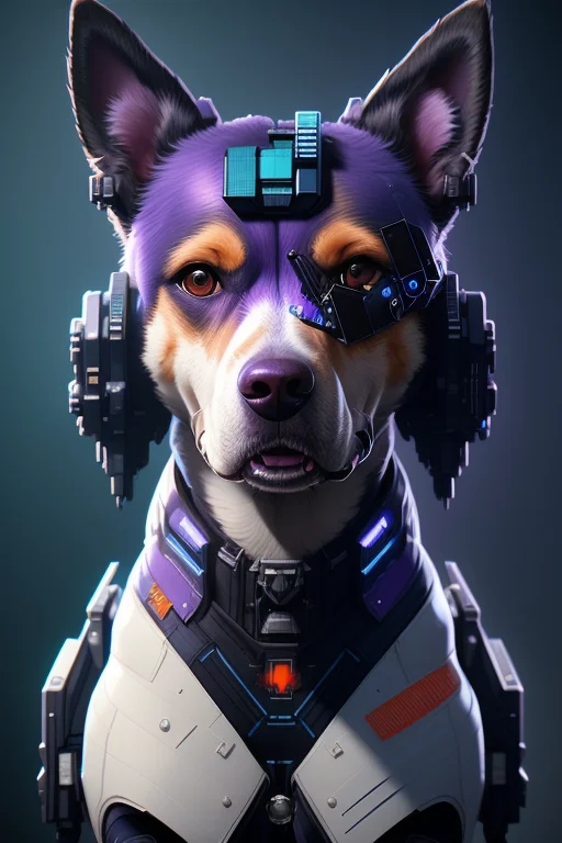 a beautiful portrait of a cute cyberpunk dog by sandra chevrier and greg rutkowski and wlop, purple blue color scheme, high key lighting, volumetric light, digital art, highly detailed, fine detail, intricate, ornate, complex, octane render, unreal engine, photorealistic