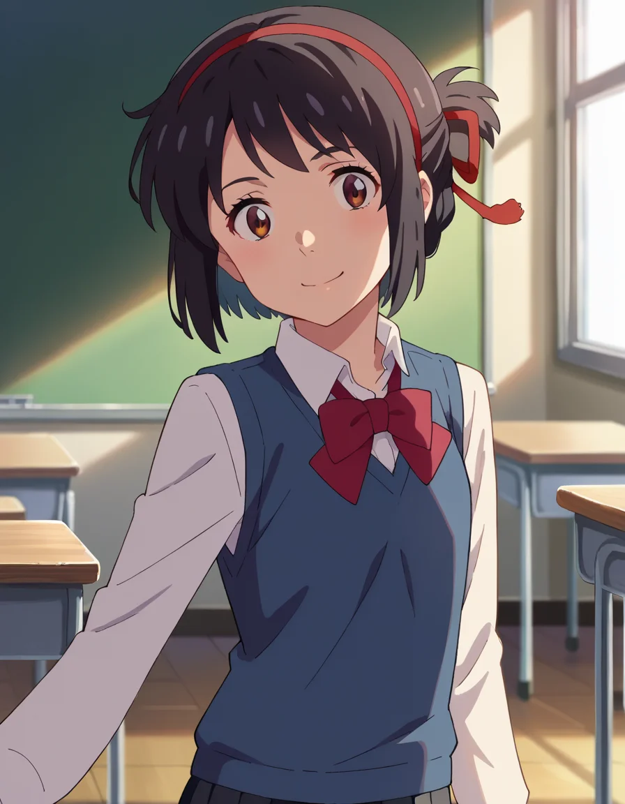 score_9, score_8_up, score_7_up, source_anime,
mitsuhamiyamizu, <lora:mitsuha-miyamizu-ponyxl-lora-nochekaiser:1>,
mitsuha miyamizu, black hair, brown eyes, smile,
short hair, hairband, ribbon, school uniform, hair ribbon, red ribbon, sweater vest, blue sweater vest, shirt, white shirt, collared shirt, long sleeves, skirt, black skirt, pleated skirt,
indoors, classroom,
looking at viewer, dutch angle, cowboy shot, dynamic pose,