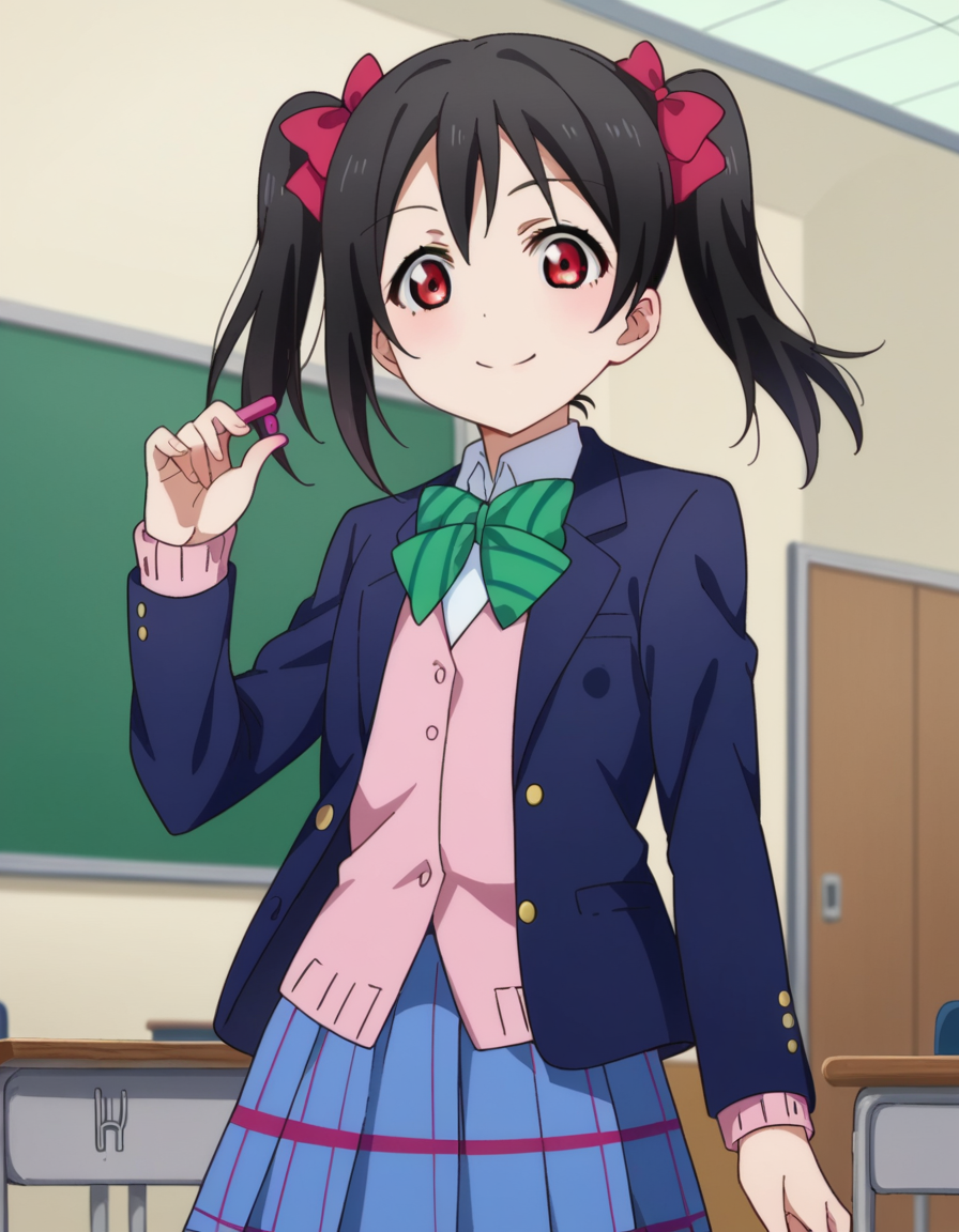 score_9, score_8_up, score_7_up, source_anime,
nikoyazawa, <lora:nico-yazawa-s1-ponyxl-lora-nochekaiser:1>,
niko yazawa, black hair, red eyes, bow, twintails, hair bow,
skirt, school uniform, jacket, blazer, winter uniform, otonokizaka school uniform,
indoors, classroom, smile,
looking at viewer, cowboy shot, dutch angle,