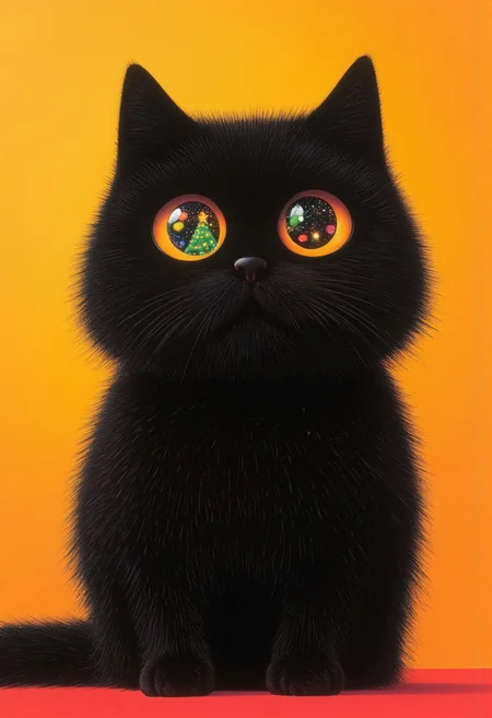 A serene yet captivating scene featuring a thick, black, fluffy cat sitting against a vibrant orange backdrop. Its wide, inquisitive eyes are filled with a magical reflection—a brightly lit Christmas tree adorned with colorful ornaments and twinkling lights. The reflection shimmers in the cat's dark, glossy eyes, capturing the warmth and joy of the holiday season while hinting at a world beyond the frame.
The backdrop remains a rich, contrasting orange, casting a gentle, golden glow that enhances the cat’s velvety fur. Soft, directional lighting highlights the luxurious texture of its thick coat and the rounded contours of its expressive face. Shadows fall subtly, framing the cat’s elegant form without overwhelming the simplicity of the composition.
The cat sits upright, its tail wrapped gracefully around its side, exuding quiet confidence and curiosity. Tiny glints of lighter fur on its chest catch the soft light, adding depth and dimension to its otherwise inky silhouette. The atmosphere is peaceful and festive, with the vivid orange background providing a sense of warmth that complements the shimmering, colorful lights reflected in the cat’s eyes. This intimate moment captures the blend of feline curiosity and the quiet magic of the holiday season.