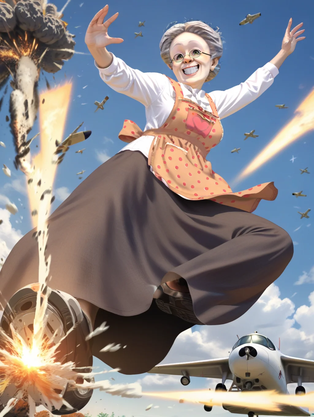 score_9, score_8_up, score_7_up, score_6_up, uncensored, source_anime, rating_safe,anime screencap,
BREAK,
solo,
<lora:vgrandmother:0.8>,vgrandmother, old woman, apron, long skirt, shirt, glasses, old,
<lora:Rider_Kick_Pony:0.8>,rider kick,
happy, , open eyes,
line art,
,,close-up,
grin,
battle field,explosion,crashing plane,