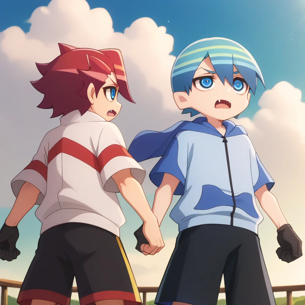score_9,score_8_up,score_7_up,score_6_up,score_5_up,score_4_up,sakko otori,toshi hatano,gloves,shorts,2boys,black gloves,cloud,sky,hood,multiple boys,open mouth,fang,male focus,looking up,hoodie,black shorts,blue sky,clenched hands,white-red jacket,black pants,anime screenshot,<lora:Myth_of_Emotions_V1-1:1>,
