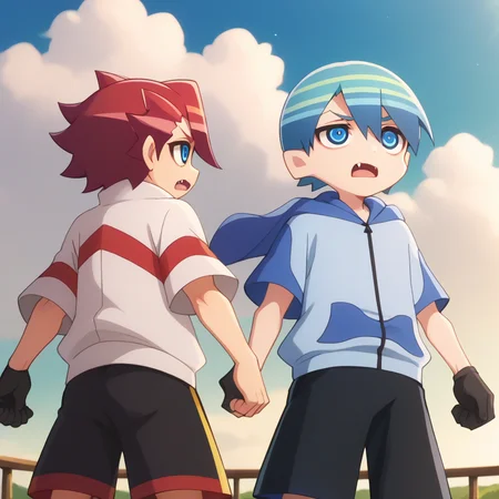 score_9,score_8_up,score_7_up,score_6_up,score_5_up,score_4_up,sakko otori,toshi hatano,gloves,shorts,2boys,black gloves,cloud,sky,hood,multiple boys,open mouth,fang,male focus,looking up,hoodie,black shorts,blue sky,clenched hands,white-red jacket,black pants,anime screenshot,<lora:Myth_of_Emotions_V1-1:1>,