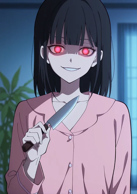 detailed background, official style,anime coloring, (anime screencap) masterpiece, detailed face,1girl <lora:Qiao (1):0.8>Qiao, smile, red eyes, solo, black hair, bangs, glowing, glowing eyes, looking at viewer, blunt bangs, collarbone, blurry, pajamas, evil grin, plant, pink shirt, upper body, indoors, medium hair, blurry background, holding knife,