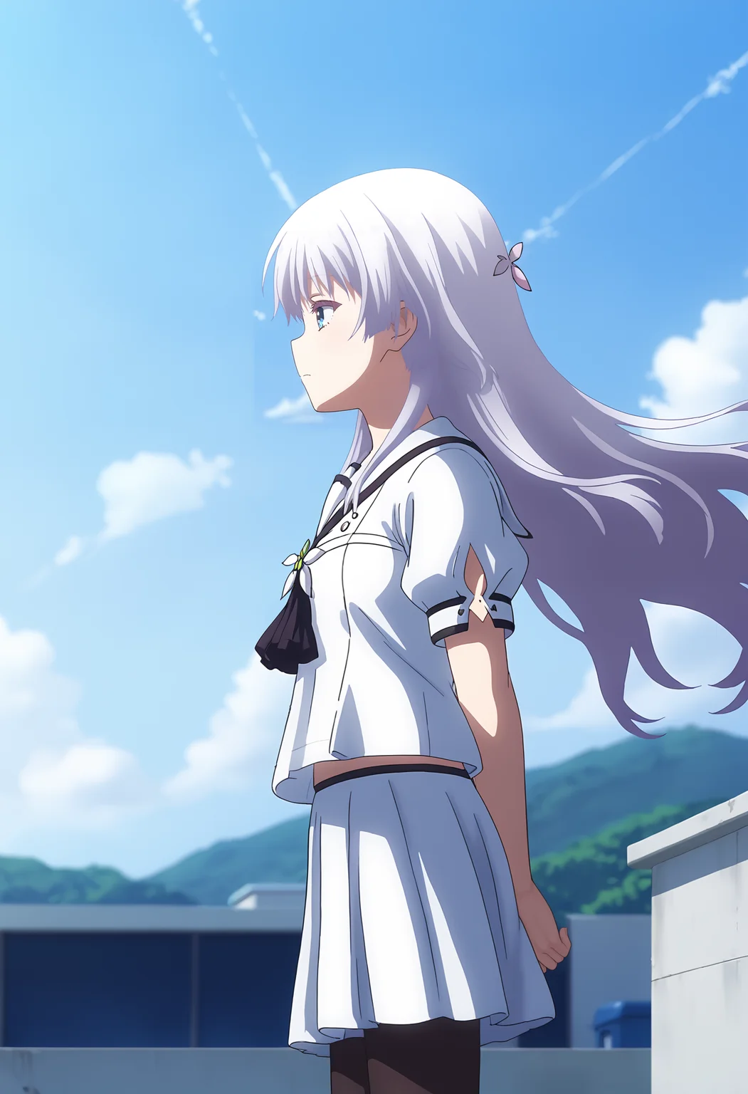 Naruse Shiroha,1girl,solo,school uniform,skirt,pantyhose,black pantyhose,outdoors,white shirt,shirt,short sleeves,black ascot,standing,arms at sides,white skirt,blurry,puffy sleeves,sailor collar,very long hair,blunt ends,puffy short sleeves,white sailor collar,ascot,day,blurry background,expressionless,depth of field,looking afar,miniskirt,straight hair,profile,shirt,looking afar,sitting,rooftop,floating hair,cloud,sky,from_below,
<lora:Naruse Shiroha_pony-000058:1>