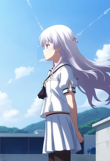 Naruse Shiroha,1girl,solo,school uniform,skirt,pantyhose,black pantyhose,outdoors,white shirt,shirt,short sleeves,black ascot,standing,arms at sides,white skirt,blurry,puffy sleeves,sailor collar,very long hair,blunt ends,puffy short sleeves,white sailor collar,ascot,day,blurry background,expressionless,depth of field,looking afar,miniskirt,straight hair,profile,shirt,looking afar,sitting,rooftop,floating hair,cloud,sky,from_below,
<lora:Naruse Shiroha_pony-000058:1>