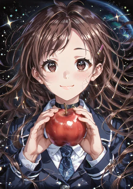 score_9, score_8_up, score_7_up, source_anime,high detail, detailed face,1girl,tsujino akari, brown hair, long hair, brown eyes,<lora:Tsujino_Akari:0.6>,long sleeves, school uniform, jacket, white shirt, pleated skirt, necktie, hairclip, collared shirt,closed month, Glowing, glowing eyes, smile, facing viewer, choker, star \(sky\), floating, planet, upper body, light particles, starry sky,earth \(planet\), close-up, black background, eyelashes, hands up, sparkle, light smile, sky, <lora:Galactic_Serenity_with_Earth:1>,apple,(holding apples