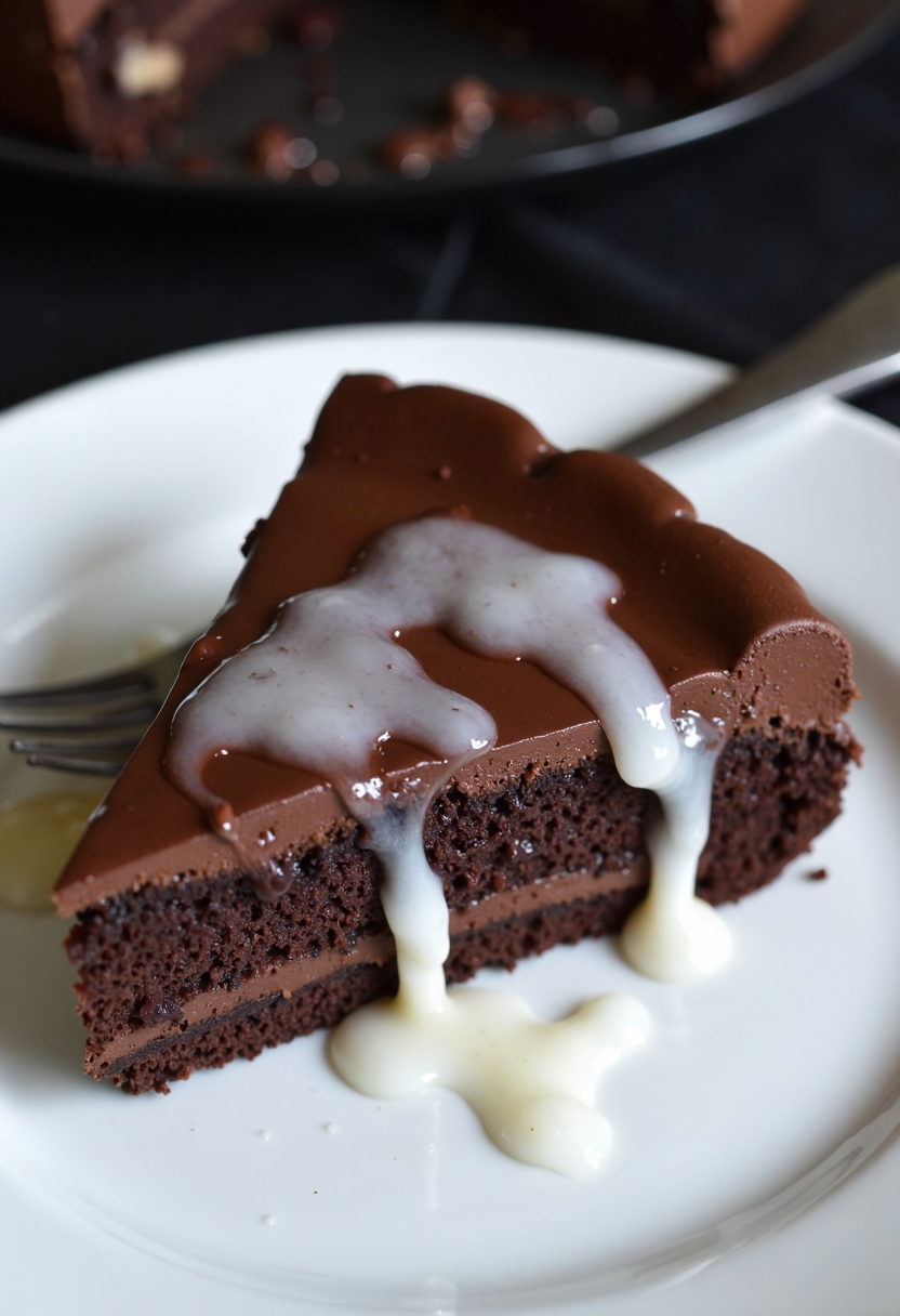 cumshot.  substantial amount of semen and cum on a slice of chocolate cake, the liquid cum is mostly translucent and a little white .   the cum is dripping down the sides of the cake onto the plate.  erotic food photography