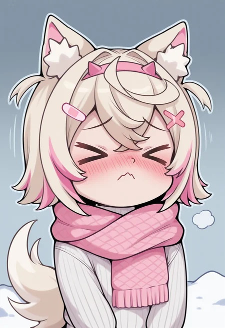 masterpiece, best quality, 1girl, solo, MoccAg, short hair, blonde hair, pink streaks, streaked hair, dog ears, hairband, hairclip, tail, meme, chibi, > <, closed eyes, (sneezing:0.5), nose blush, sick, cold, scarf, turtleneck sweater, upper body, <lora:ChamMococoAbyssgardIllustriousXL:1>