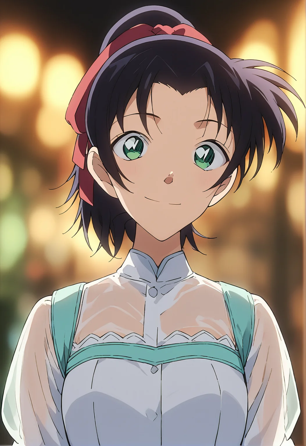 score_9, score_8_up, score_7_up, score_6_up, Light Outline,
(((1girl,solo,upper body,front view,1girl,))),
light smile, look looking at viewer,
Tooyama Kazuha,hair ribbon,ponytail,black hair,green eyes,white dress, Light blue bustier,
(Sheer Textured Dark Pantyhose,blurry background, ),
<lora:PONY_Kazuha_Tooyama_Anime_Detective_Conan:1>