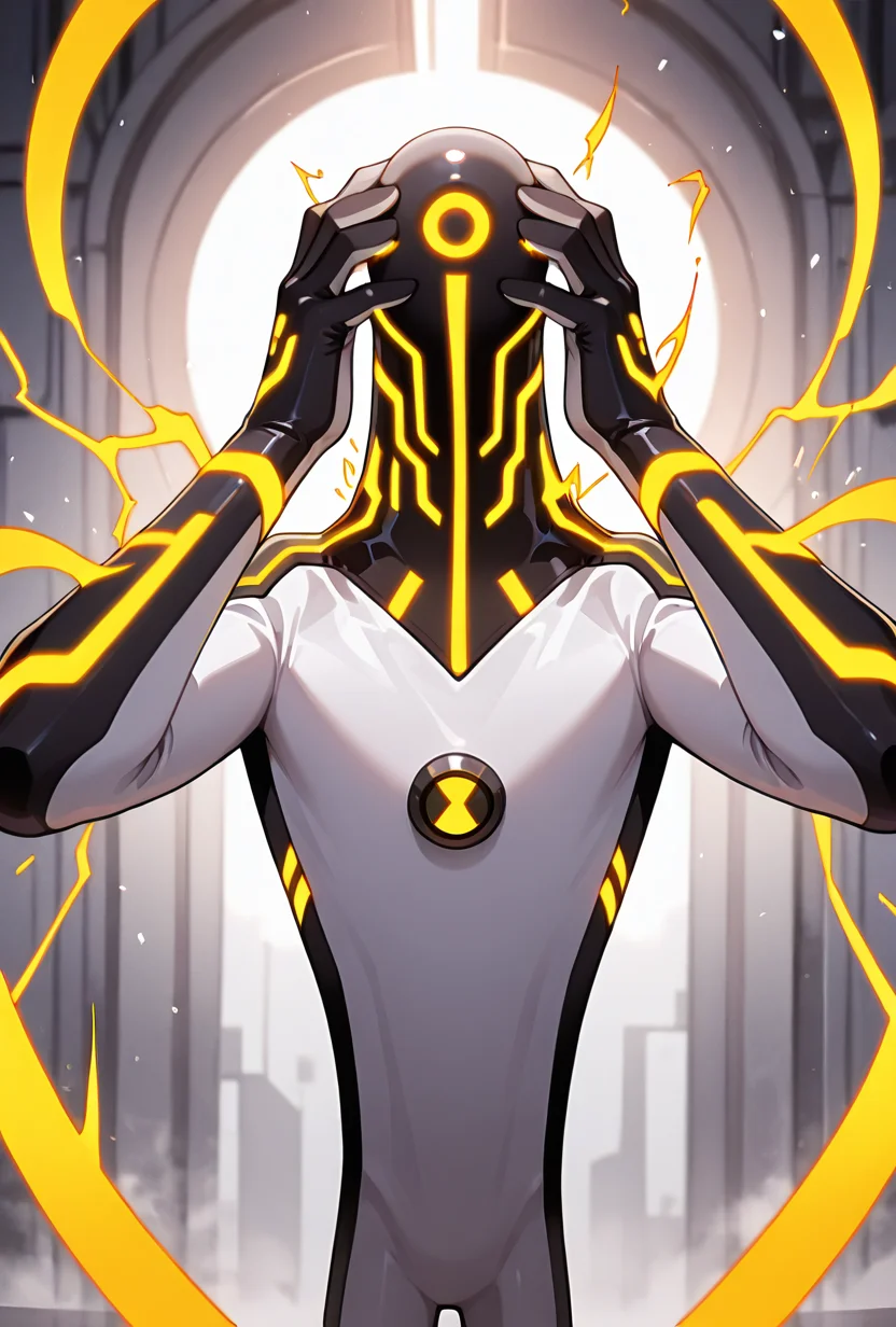 <lora:upgrade-08:1> upgrade, solo, no humans, neon trim, yellow strips, no humans,, hands on heads, electricity everywhere,, masterpiece, best quality, amazing quality, very aesthetic, absurdres, newest,