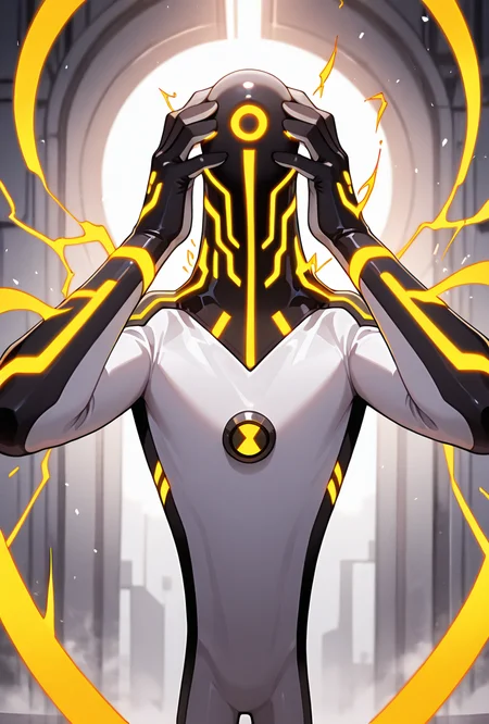<lora:upgrade-08:1> upgrade, solo, no humans, neon trim, yellow strips, no humans,, hands on heads, electricity everywhere,, masterpiece, best quality, amazing quality, very aesthetic, absurdres, newest,