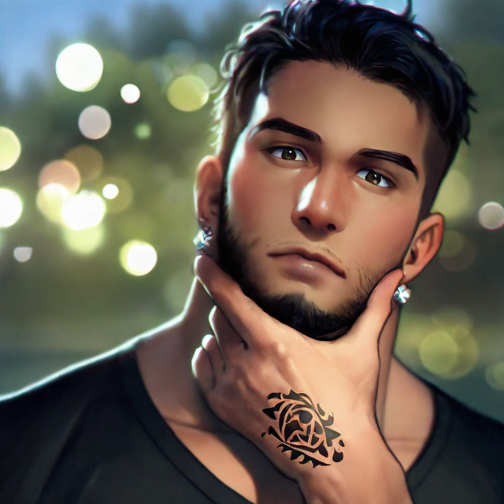 cinematic film still of <lora:detailed skin style illustriousXL v1:1>
a brown skin man with a tattoo on his arm looking at camera with his hand on his chin, perfect skin, detailed skin pore, realism style, perfect image, perfect body, perfect anatomy, sharp image, detailed image, high quality photography, skin texture style, solo, looking at viewer, short hair, shirt, black hair, closed mouth, upper body, earrings, black shirt, tattoo, facial hair, dark-skinned male, portrait, beard, mature male, stubble, shallow depth of field, vignette, highly detailed, high budget, bokeh, cinemascope, moody, epic, gorgeous, film grain, grainy