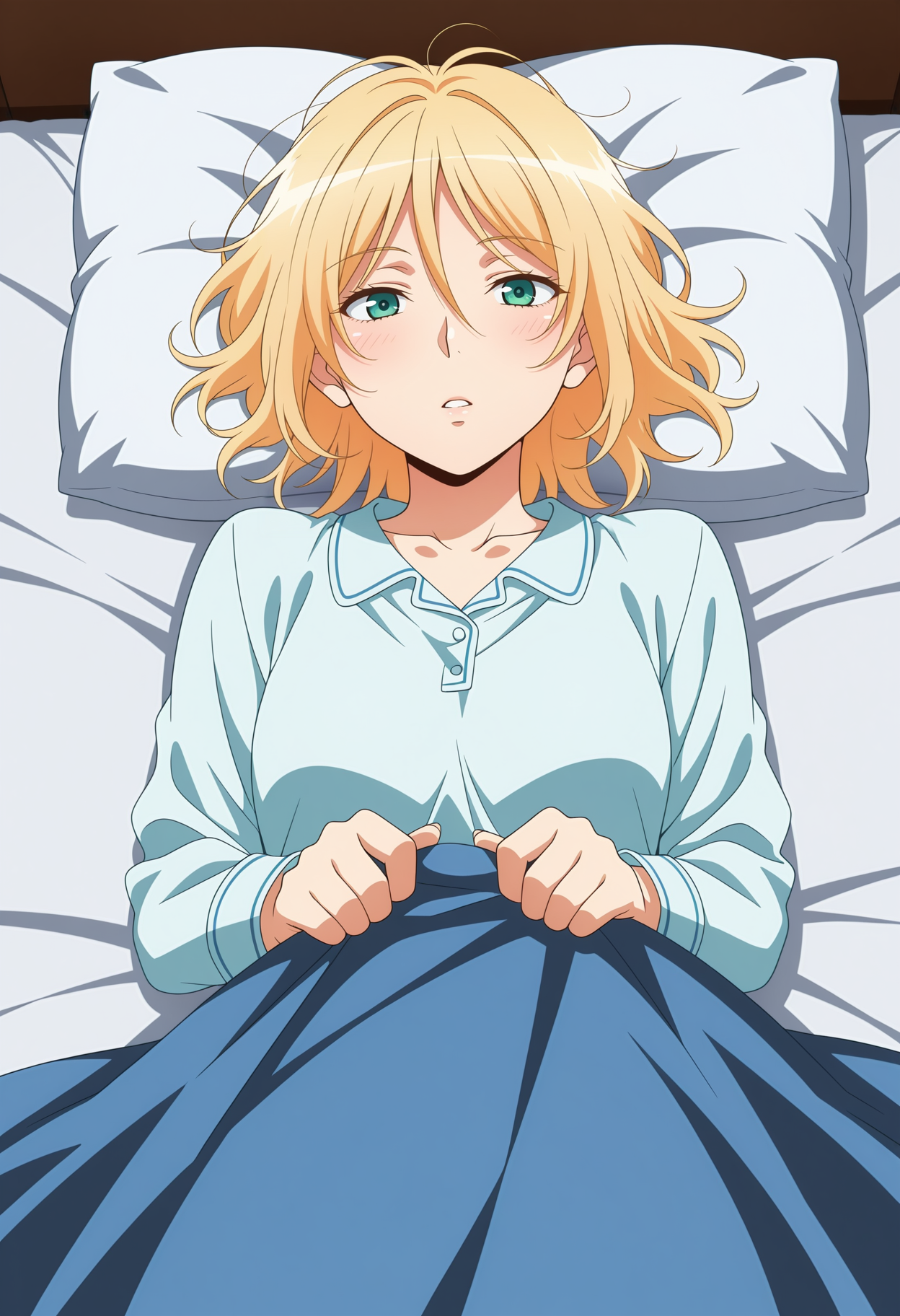 masterpiece,best quality,amazing quality,
<lora:NoobV065sHyperDmd:.5>
1girl, blonde hair, lying, pillow, from above, on back, messy hair, looking at viewer, under covers, pajamas, blanket, shirt, hair between eyes, bed, indoors, parted lips, anime coloring, green eyes, long sleeves
 <lora:chateau_dankworth_meipaws:.9>