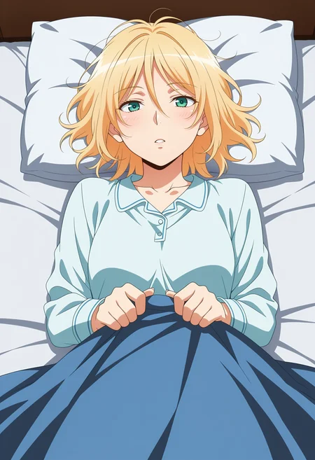 masterpiece,best quality,amazing quality,
<lora:NoobV065sHyperDmd:.5>
1girl, blonde hair, lying, pillow, from above, on back, messy hair, looking at viewer, under covers, pajamas, blanket, shirt, hair between eyes, bed, indoors, parted lips, anime coloring, green eyes, long sleeves
<lora:chateau_dankworth_meipaws:.9>