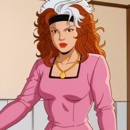 <lora:RogueTAS_pony_v1:1>RogueTASPurpleDress, 1girl, jewelry, multicolored hair, white hair, two-tone hair, necklace, brown hair, lipstick, pink dress, makeup, headband, breasts, collarbone, red lips, long hair, 1980s (style), cowboy shot