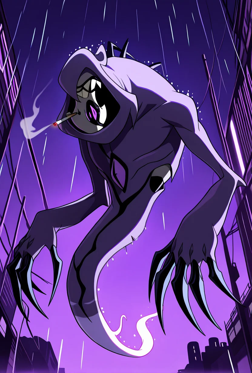 <lora:zskayr-10:1> zskayr, no humans, solo, monster, teeth, black claws, pokemon (creature), single purple eye, , purple skin, sharp teeth, , black sclera,, ghost tail, purple hood, upper body, , no legs, dynamic pose, cowboy shot, purple background, night city, under the rain, lighting cigarette, smoking, masterpiece, best quality, amazing quality, very aesthetic, absurdres, newest,