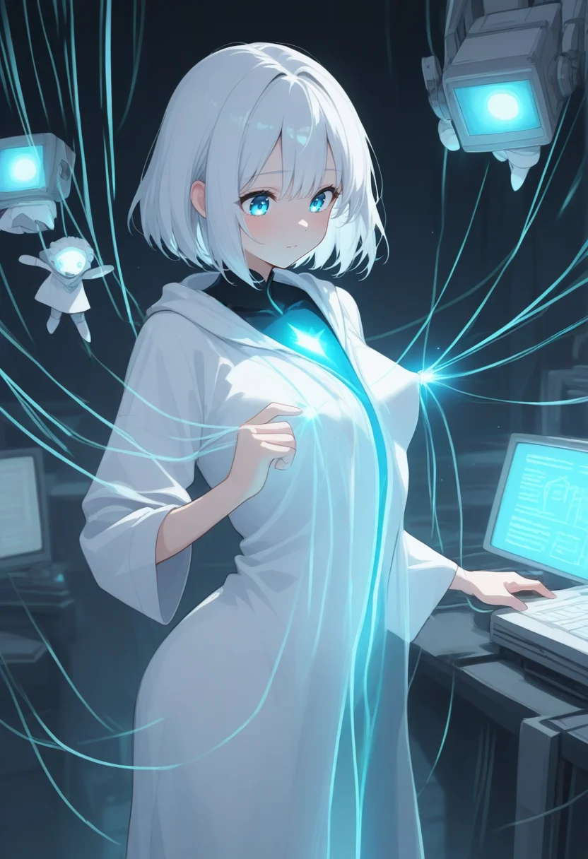 masterpiece, best quality, good quality, very aesthetic, absurdres, newest, 8K, depth of field, in the style of cknc, artist:moriimee, in the style of cksc,
1girl, short platinum hair, bright blue eyes, medium firm breasts, tight robe, front view, standing in a lab, rubbing nipples through fabric, focused gaze, complex machinery
BREAK
beeping monitors, glowing vials, sterile surfaces, humming computers
BREAK
cold light, sharp focus, clinical precision, deep concentration,yazloba_puppeteer,ethereal atmosphere, <lora:ya_strings_of_fate :1>