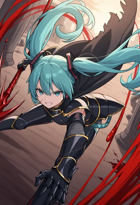 masterpiece, best quality, wearing armor, black armor, gold trim, gauntlets, greaves, cape, holding spear, dynamic pose, hatsune miku, blue eyes, outdoors, aura, foreshortening, angry, dutch angle, reaching towards viewer, unlimited blade works \(fate\), blood, leaning forward, fighting stance, battle, motion lines, motion blur, swinging, swing