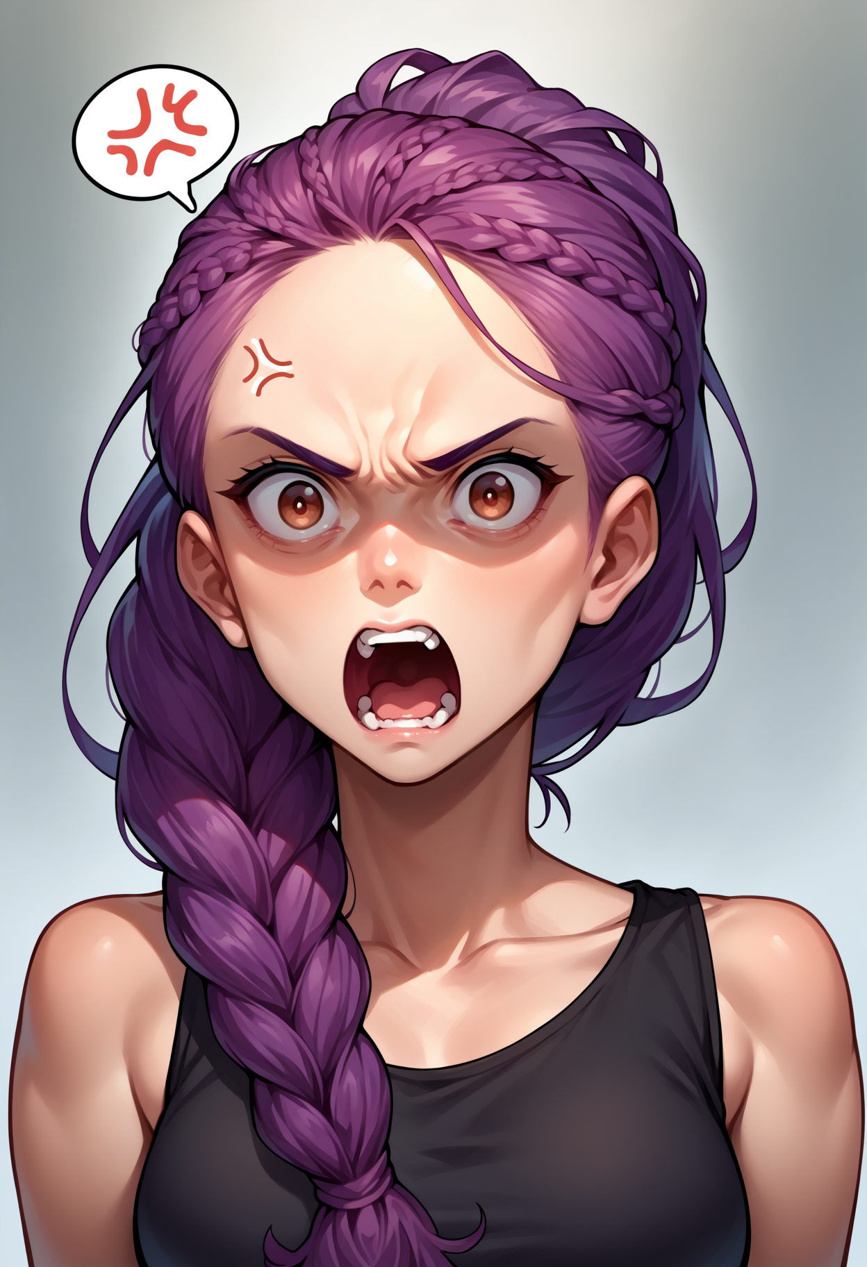 score_9, score_8_up,score_7_up, source_anime, 1girl, solo, <lora:EPfePetra:1>, 
EPfePtr, brown eyes, long hair, purple hair, single braid, braided ponytail,
black tank top, 
portrait, shaded face, angry, screaming, anger vein, spoken anger vein,