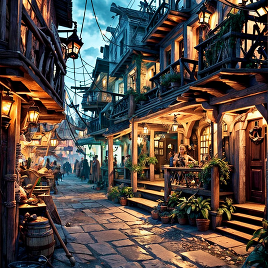 (masterpiece:1.2), (best quality,:1.2), 8k, HDR, ultra detailed, ((photorealistic)), perfect anatomy, professional light, cinematic lighting, fashion photography, ambient lighting,<lora:detail_slider_v4:3>, pire, <lora:PirateRealms-10:1>, outside a sinister pirate tavern in a busy harbor in the caribbean, epiCPhoto