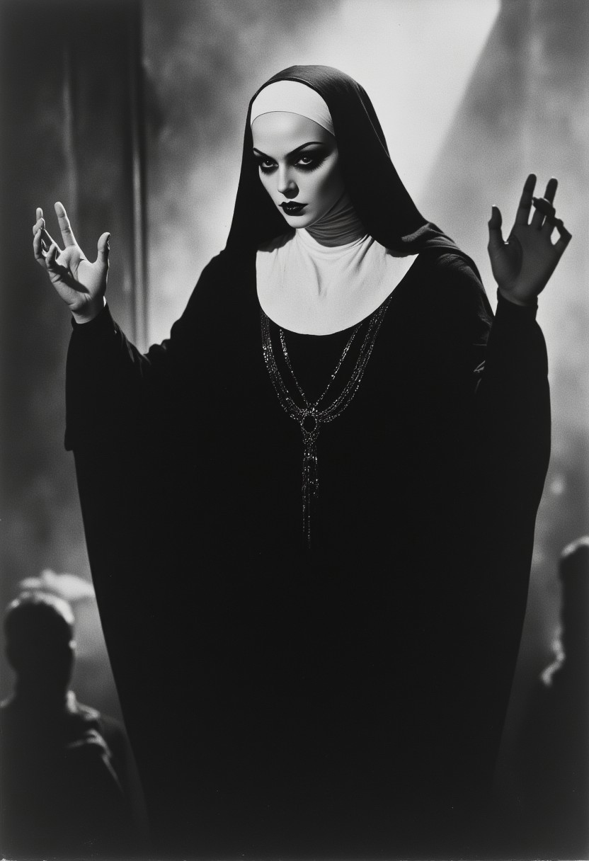 Black and white image, nun, ecclesiast, religious mystique, mythp0rt, ArsMovieStill, 20s Silent Movie Still