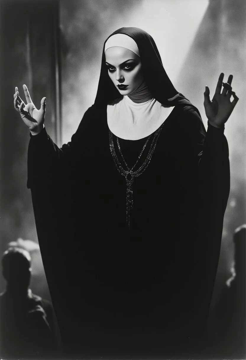 Black and white image, nun, ecclesiast, religious mystique, mythp0rt, ArsMovieStill, 20s Silent Movie Still