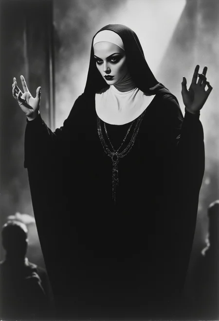 Black and white image, nun, ecclesiast, religious mystique, mythp0rt, ArsMovieStill, 20s Silent Movie Still