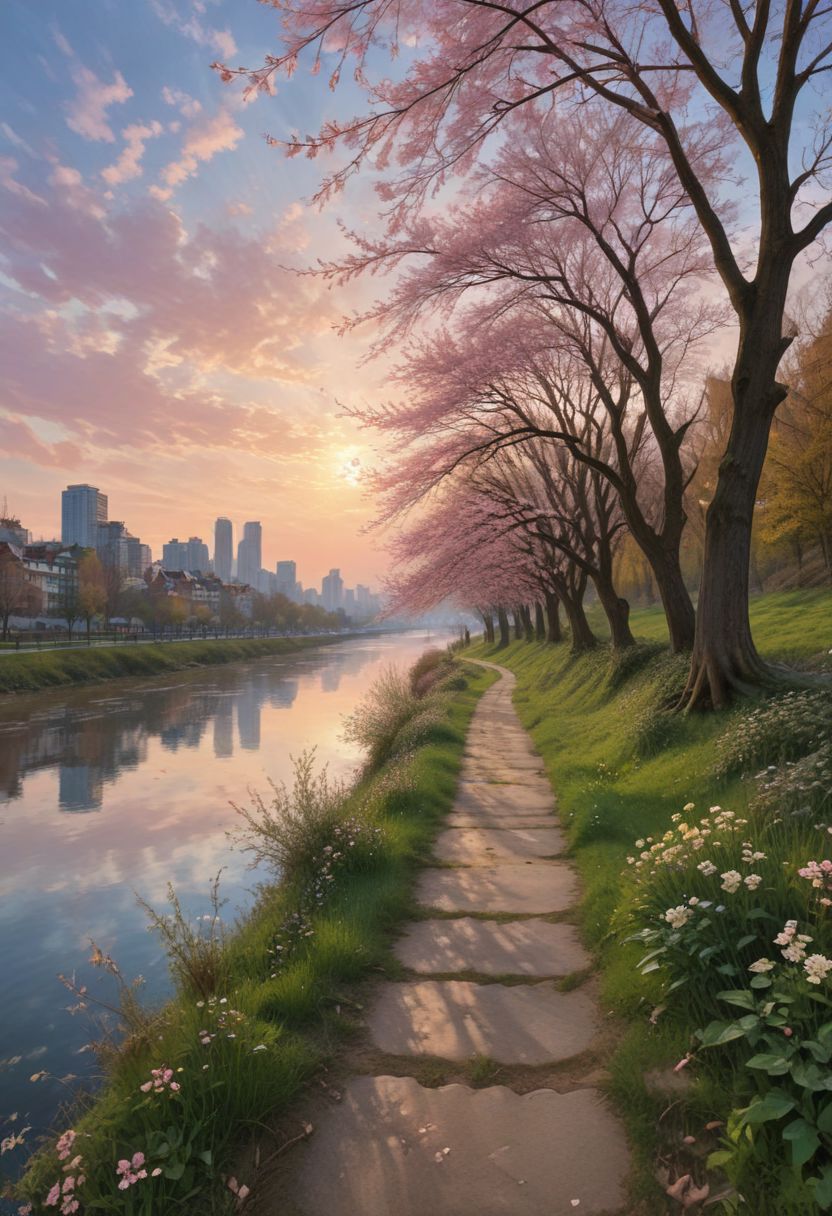 Wide riverside path lined with bare trees, path stretching into the distance, long shadows of trees across the path, tranquil river reflecting the pastel hues of the sky, distant city skyline bathed in golden light, gradient sky of soft pinks, purples, and blues, scattered wispy clouds, warm and soft lighting, gentle glow illuminating the scene, serene and peaceful atmosphere, lush grass along the path, delicate branches of trees, reflective river surface, picturesque and calm setting, dreamlike quality, ethereal and detailed environment. OverallDetail